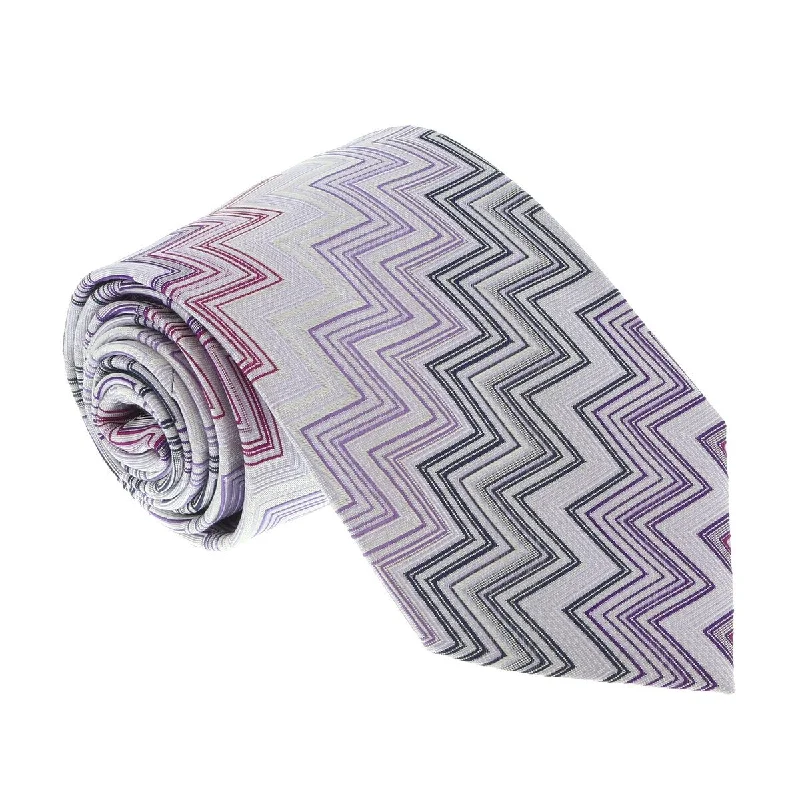 men's tie accessories-Missoni U4312 Purple/Silver Chevron 100% Silk Tie for mens