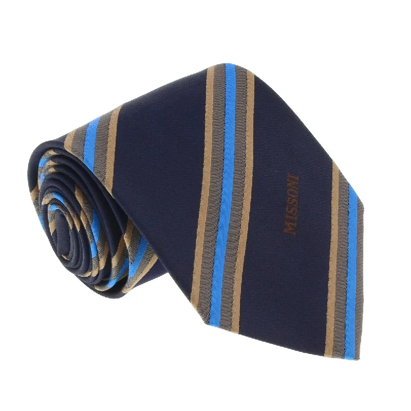 men's silk wedding necktie sets-Missoni U5029 Navy Blue/Gold Regimental 100% Silk Tie for Mens