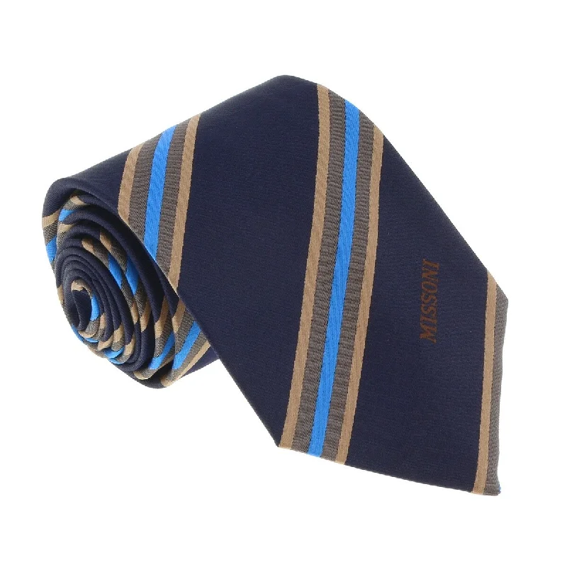 high-end wedding necktie sets-Missoni U5029 Navy/Gold Regimental 100% Silk Tie for mens