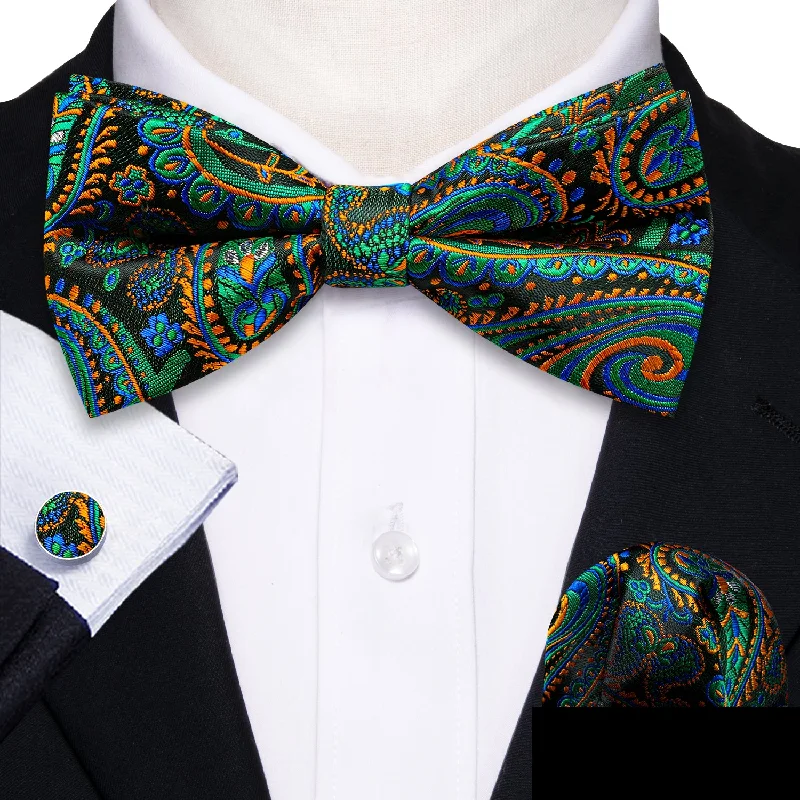 silk bow ties for business meetings-Multi-color Green Blue Orange Paisley Men's Pre-tied Bowtie Pocket Square Cufflinks Set