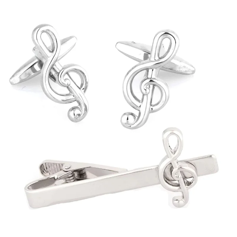 simple necktie styles-Music Treble Clef Cufflinks & Tie Clip Set