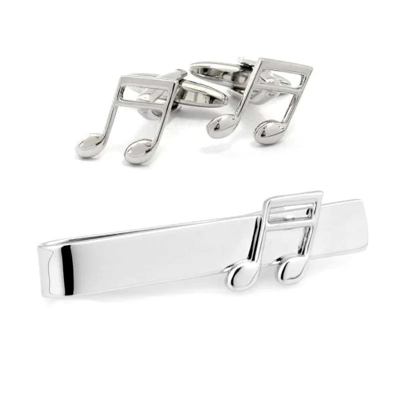 vintage inspired silk neckties-Musical Note Silver Cufflinks & Tie Bar Set