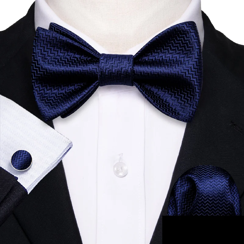 silk ties for professional events-Navy Blue Novelty Self-tied Bow Tie Pocket Square Cufflinks Set