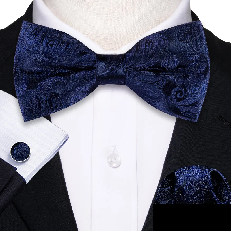 luxury necktie options for men-Navy Blue Paisley Men's Pre-tied Bowtie Pocket Square Cufflinks Set