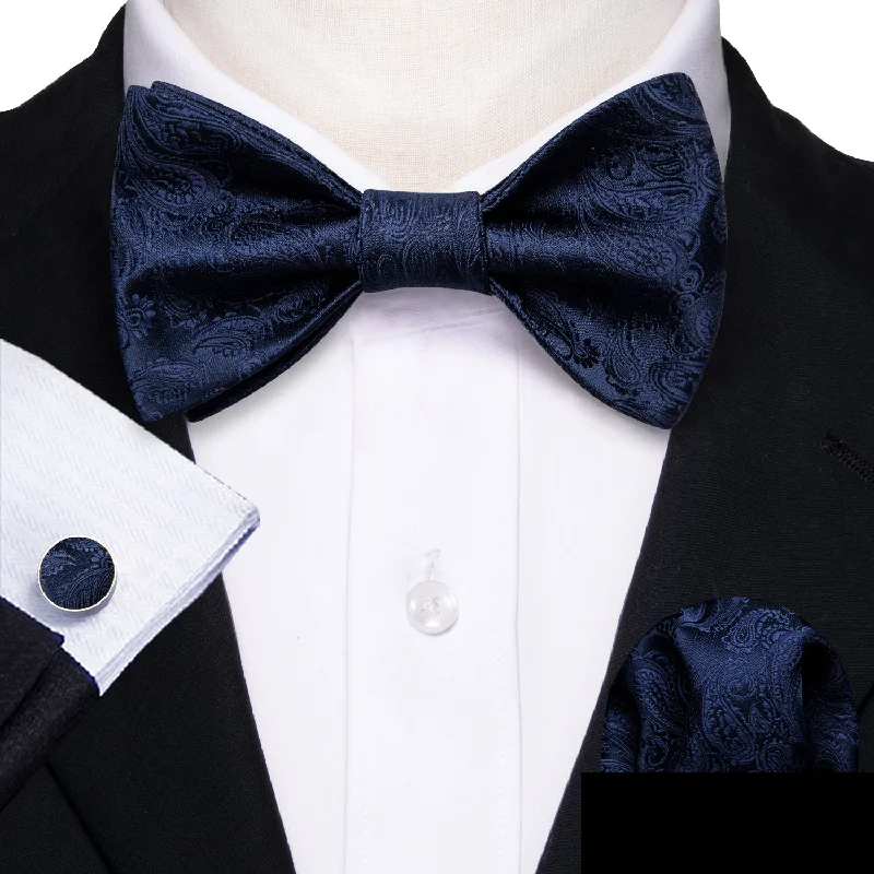 elegant silk ties for business-Navy Blue Paisley Self-tied Bow Tie Pocket Square Cufflinks Set