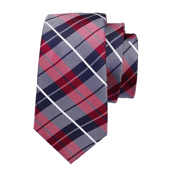 slim ties for business wear-Classy Men Navy Blue Red Checkered Silk Tie