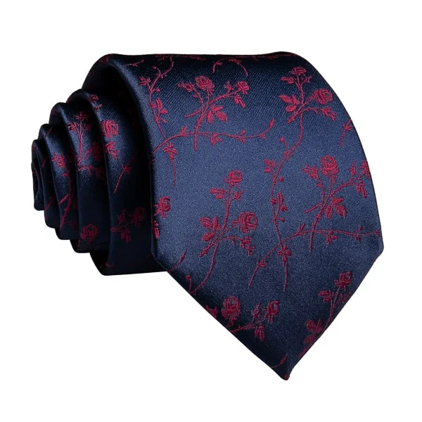 affordable wedding tie sets-Classy Men Navy Blue Red Rose Silk Tie