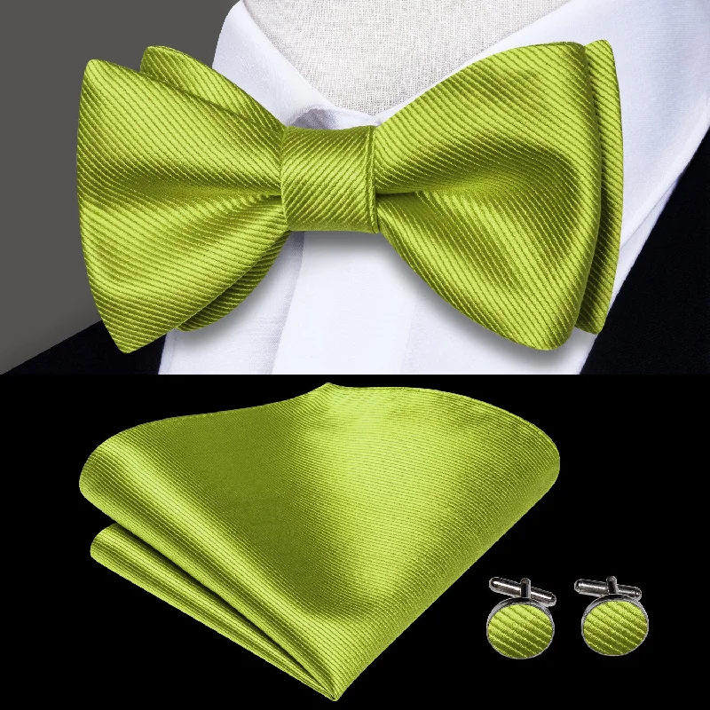 wedding silk necktie ideas-Apple Green Striped Self-tied Bow Tie Pocket Square Cufflinks Set