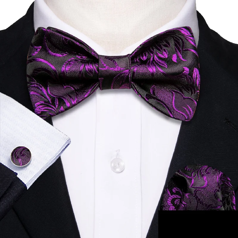 simple patterned neckties for men-Black Purple Floral Self-tied Bow Tie Hanky Cufflinks Set