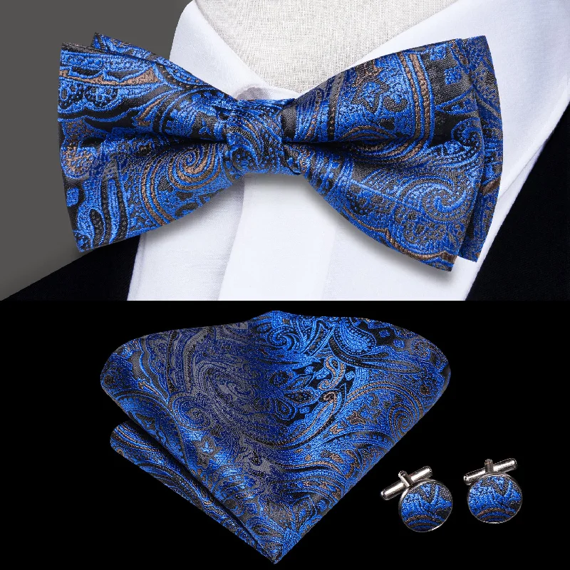 stylish wedding necktie collections-Blue Paisley Men's Pre-tied Bowtie Pocket Square Cufflinks Set