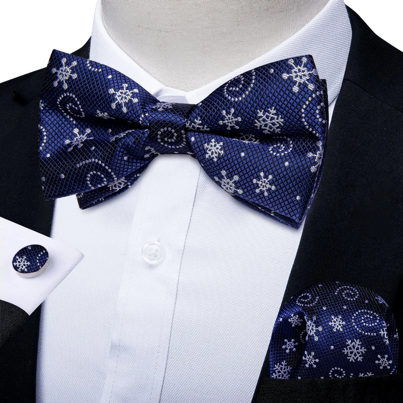 best silk ties for interviews-Christmas Royal Blue Snowflake Floral Men's Pre-tied Bowtie Pocket Square Cufflinks Set