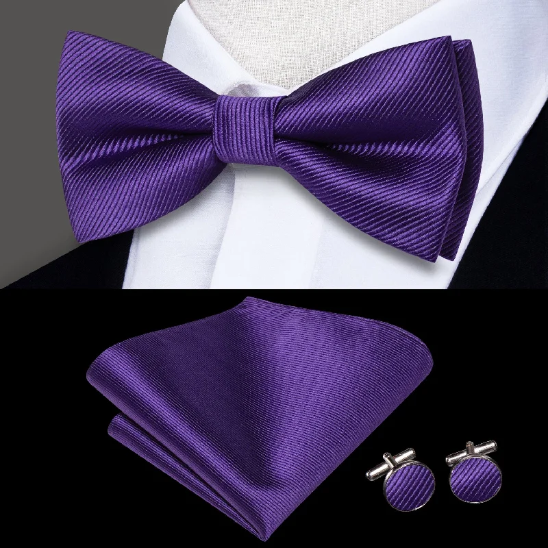 business casual silk bow ties-Dark Purple Striped Men's Pre-tied Bowtie Pocket Square Cufflinks Set