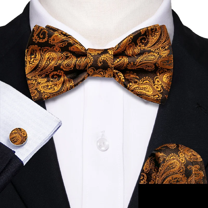 silk ties for men's formal events-Gold Paisley Self-tied Bow Tie Hanky Cufflinks Set