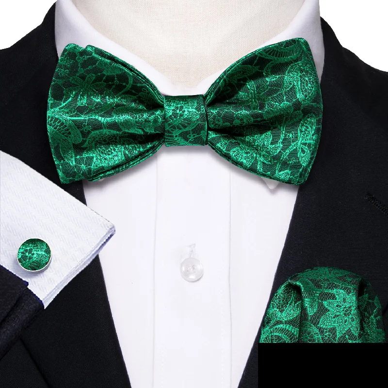 silk ties for business meetings-Green Floral Self-tied Silk Bow Tie Pocket Square Cufflinks Set