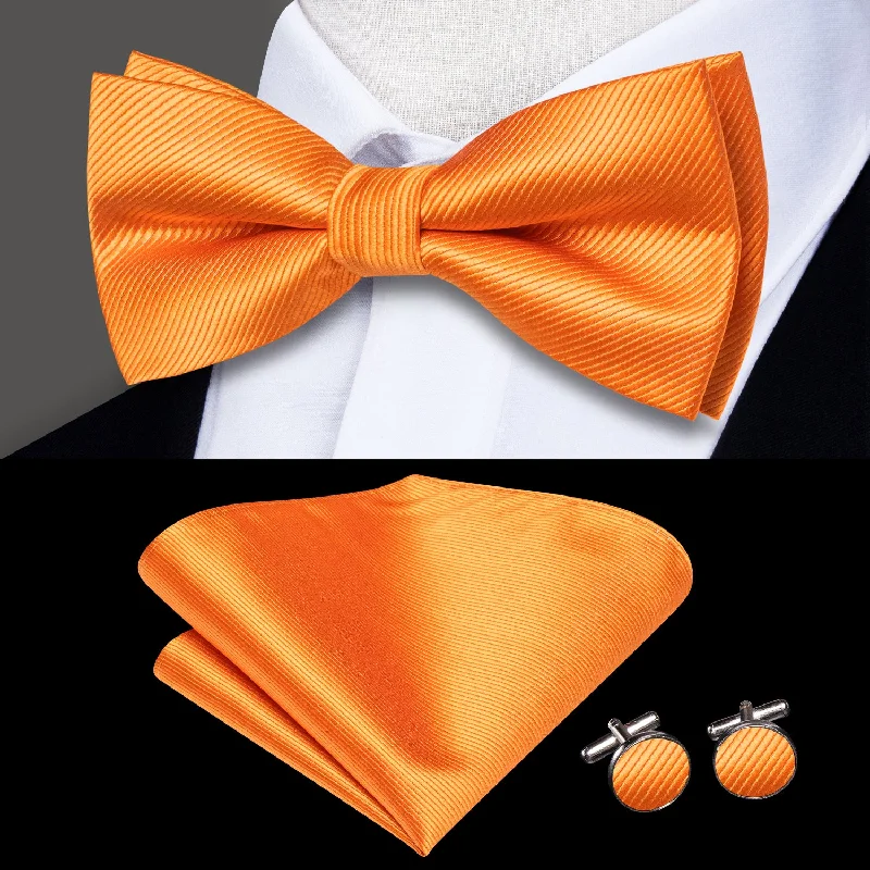 trendy silk bow ties for formal wear-Orange Striped Men's Pre-tied Bowtie Pocket Square Cufflinks Set