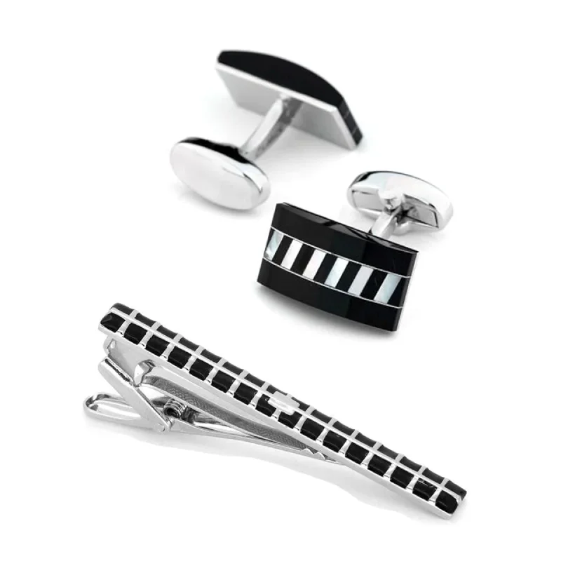 men's business bow ties-Onyx with Mother of Pearl Cufflinks & Tie Clip Set