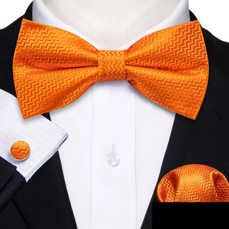 designer ties for business wear-Orange Novelty Men's Pre-tied Bowtie Pocket Square Cufflinks Set