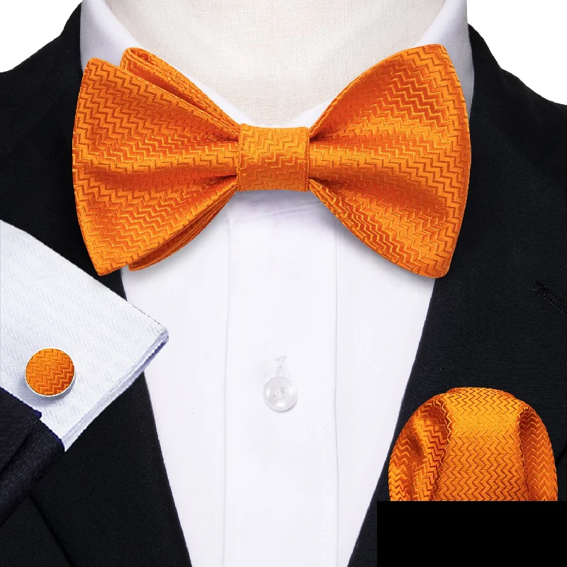 luxurious formal wedding neckties-Orange Novelty Self-tied Bow Tie Pocket Square Cufflinks Set