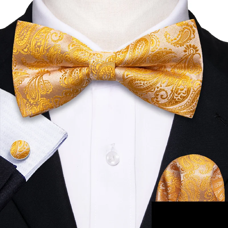 fashionable business ties-Orange Paisley Men's Pre-tied Bowtie Pocket Square Cufflinks Set