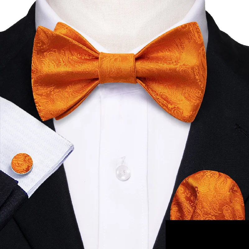 best silk bow ties for men-Orange Paisley Self-tied Bow Tie Pocket Square Cufflinks Set