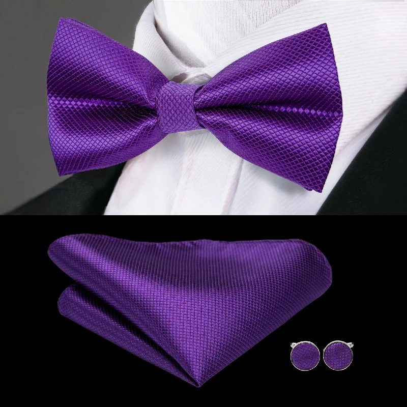 modern wedding neckties-Purple Solid Pre-tied Bow Tie Hanky Cufflinks Set