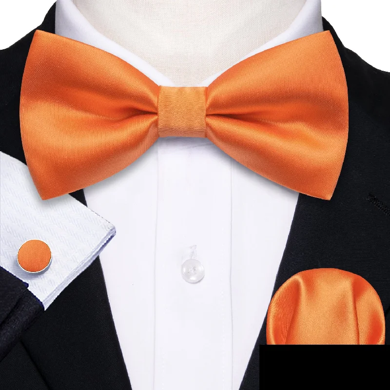 men's business bow tie sets-Orange Solid Men Pre-tied Bowtie Pocket Square Cufflinks Set