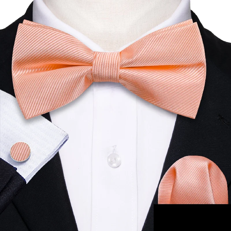 high-end necktie brands-Orange Solid Men's Silk Pre-tied Bowtie Pocket Square Cufflinks Set