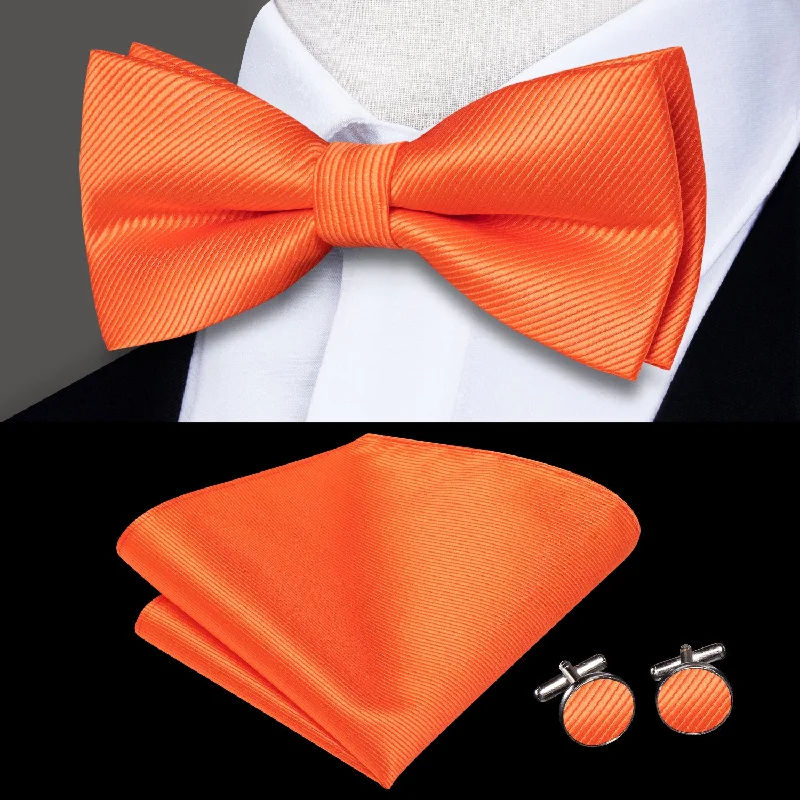 unique office tie collections-Orange Striped Men's Pre-tied Bowtie Pocket Square Cufflinks Set