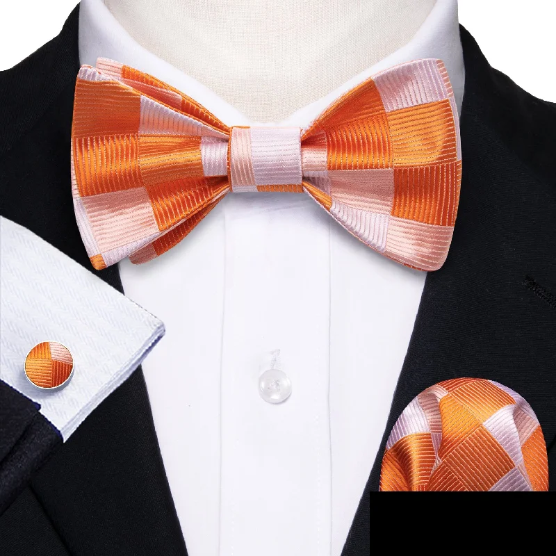 modern necktie ideas for work-Orange White Plaid Self-tied Bow Tie Pocket Square Cufflinks Set