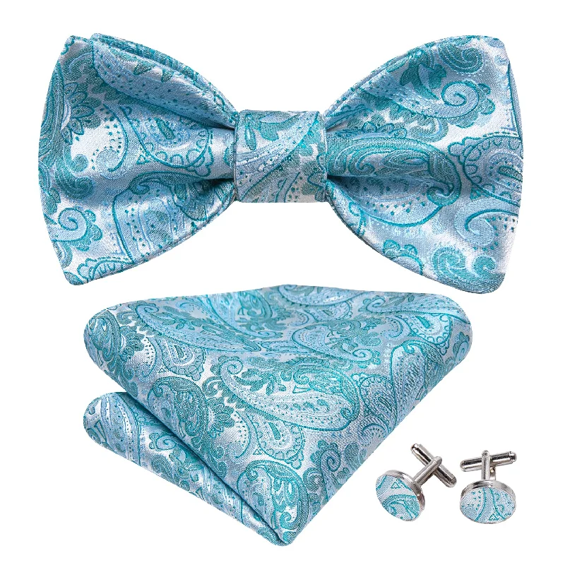 classic office necktie styles-Pale Blue Paisley Self-tied Bow Tie Hanky Cufflinks Set