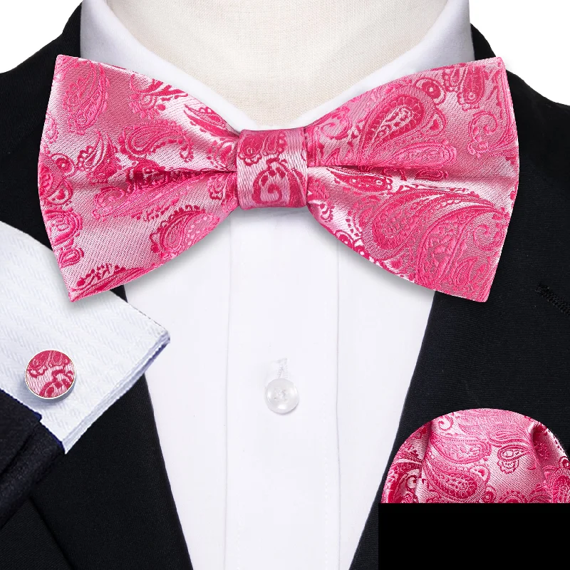 casual silk necktie designs-Petal Pink Paisley Men's Pre-tied Bowtie Pocket Square Cufflinks Set