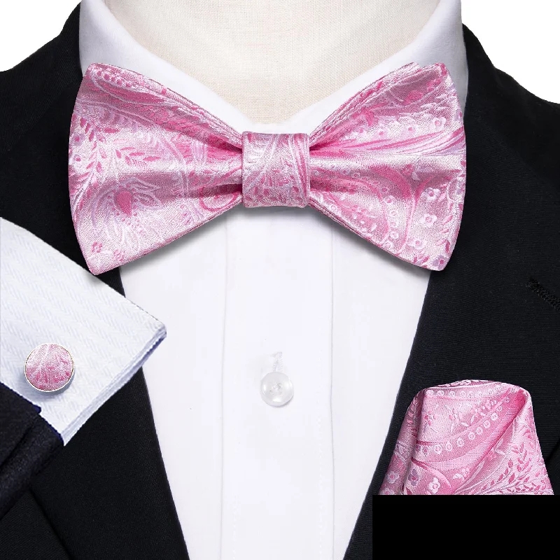 unique necktie designs for office-Pink Floral Self-tied Bow Tie Hanky Cufflinks Set