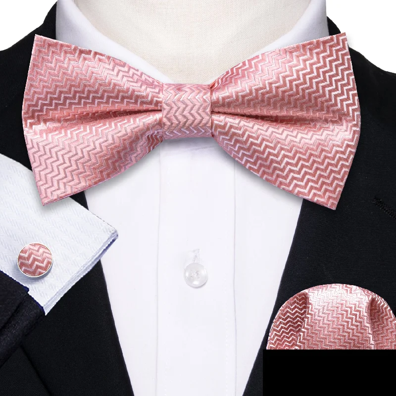 premium silk necktie brands-Pink Novelty Men's Pre-tied Bowtie Pocket Square Cufflinks Set