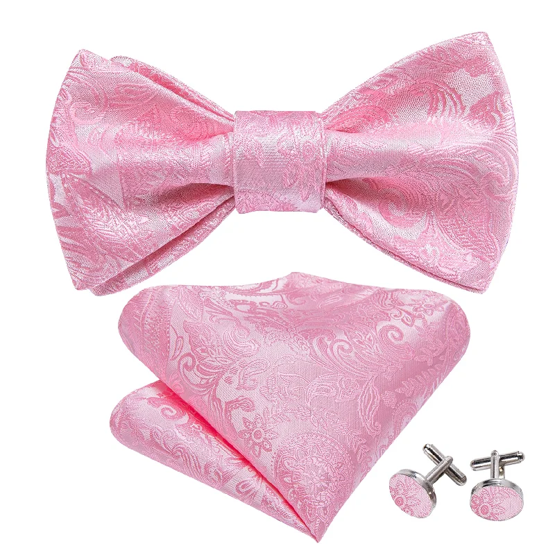 men's striped necktie designs-Pink Paisley Flower Men's Pre-tied Bowtie Pocket Square Cufflinks Set