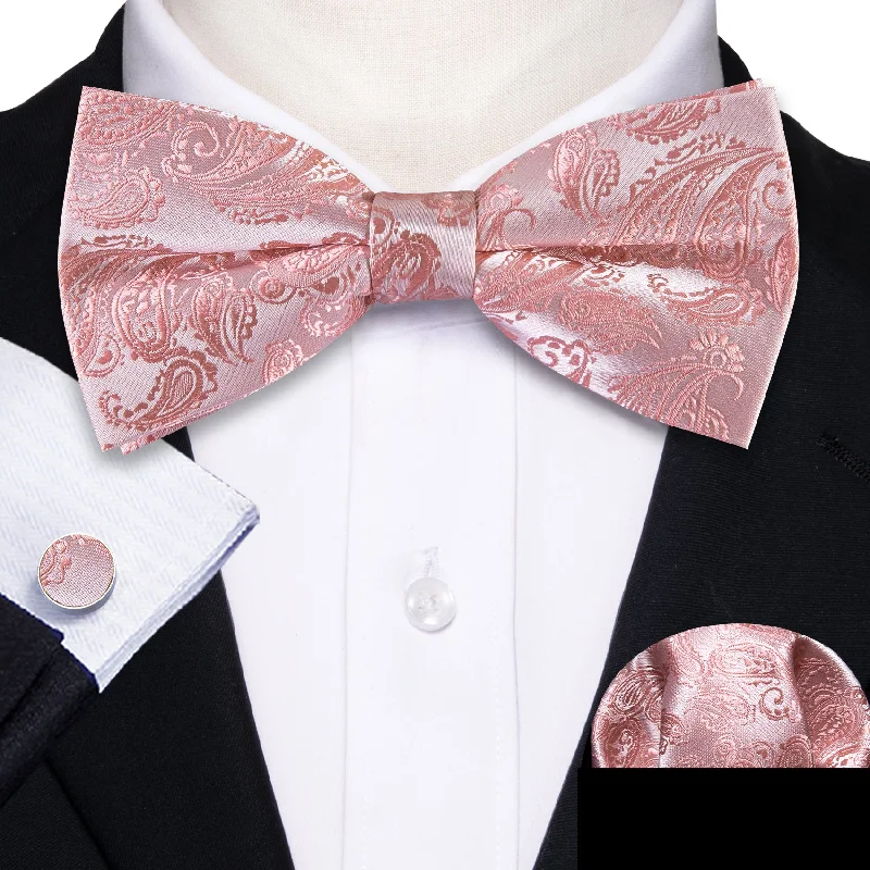 casual wedding bow ties-Pink Paisley Men Pre-tied Bowtie Pocket Square Cufflinks Set