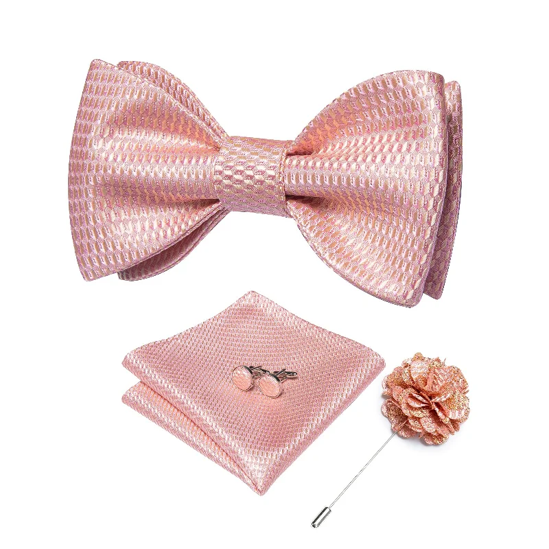 formal event necktie sets-Pink Plaid Self-Bowtie Pocket Square Cufflinks Set with Lapel Pin