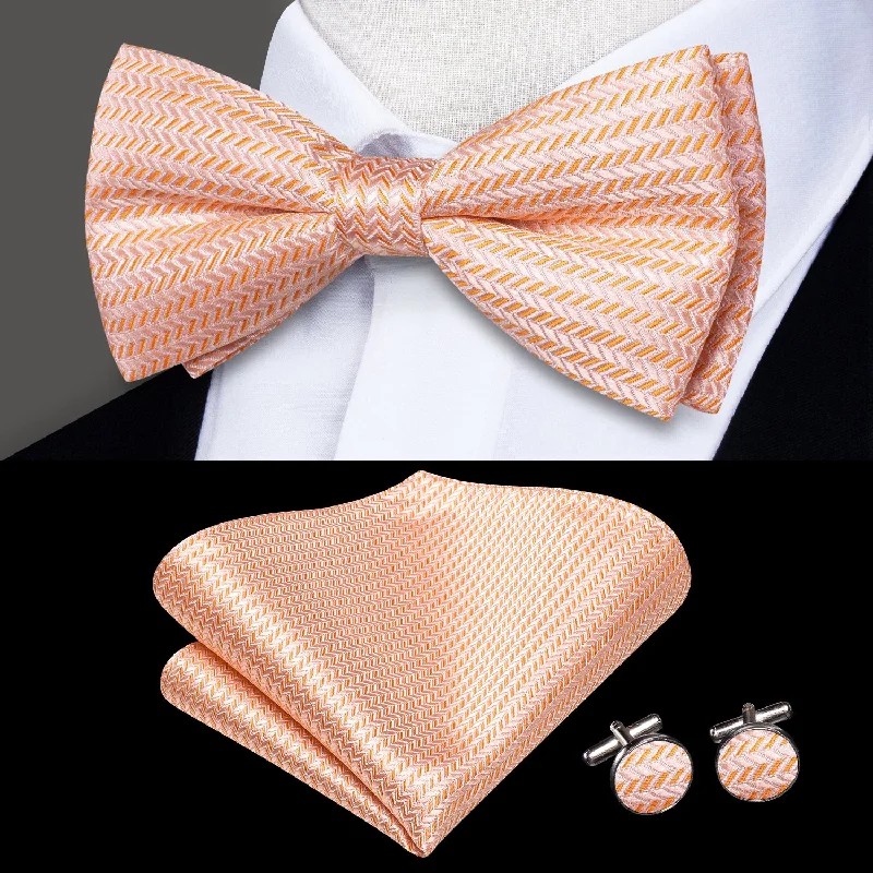 men's casual wedding neckties-Pink Striped Men's Pre-tied Bowtie Pocket Square Cufflinks Set