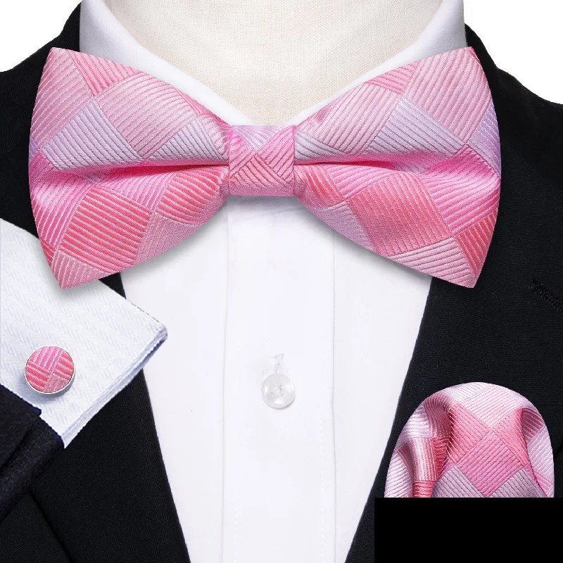 vibrant office necktie options-Pink White Plaid Men's Pre-tied Bowtie Pocket Square Cufflinks Set