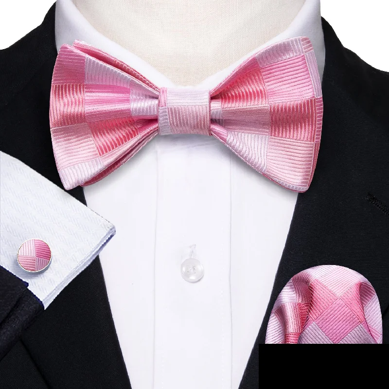 office silk necktie sets-Pink White Plaid Self-tied Bow Tie Pocket Square Cufflinks Set