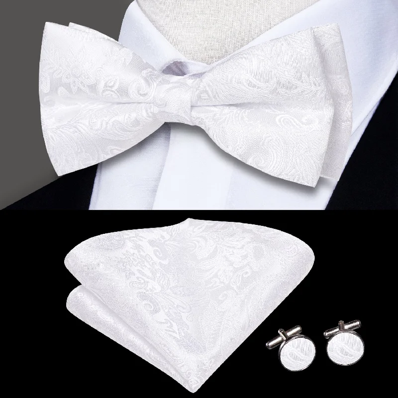 unique patterns in silk ties-Pure White Paisley Men's Pre-tied Bowtie Pocket Square Cufflinks Set