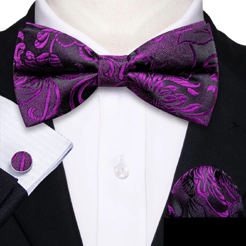 trendy silk necktie combinations-Purple Black Floral Men's Pre-tied Bowtie Pocket Square Cufflinks Set