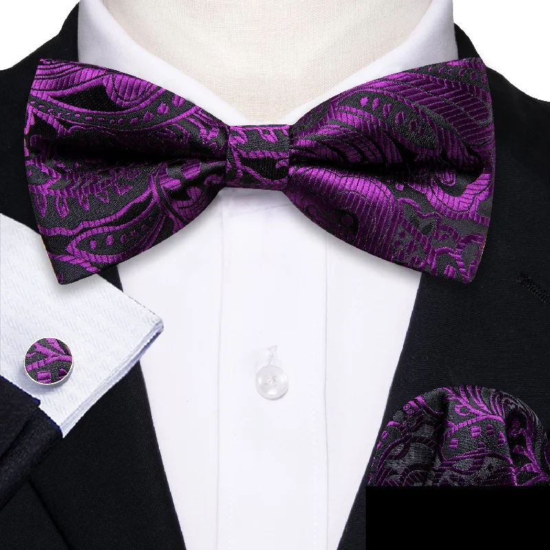 classic office necktie styles-Purple Black Paisley Men Pre-tied Bowtie Pocket Square Cufflinks Set