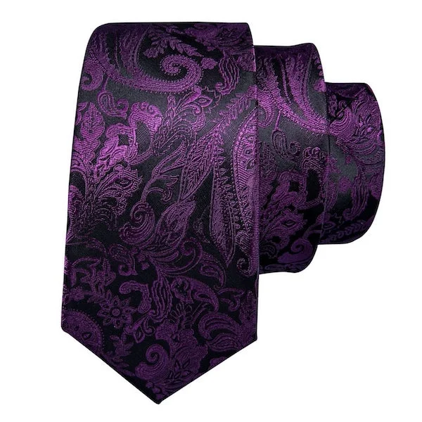 simple designer neckties-Classy Men Purple Black Paisley Silk Tie