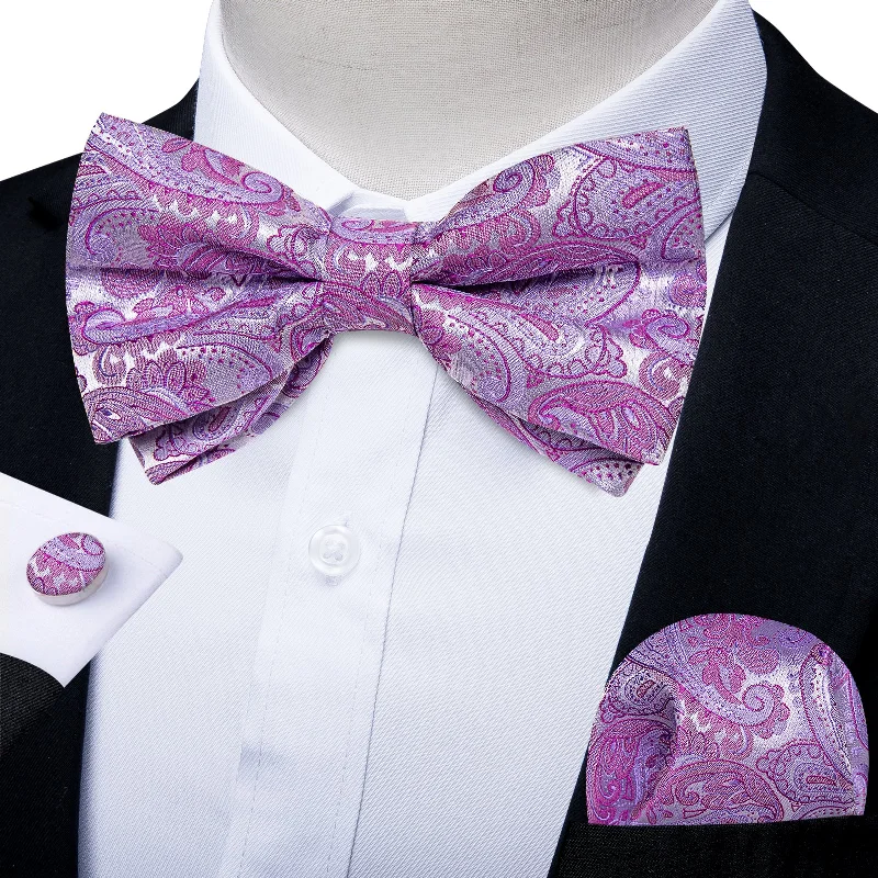 designer silk necktie patterns-Purple Floral Self-tied Bow Tie Hanky Cufflinks Set