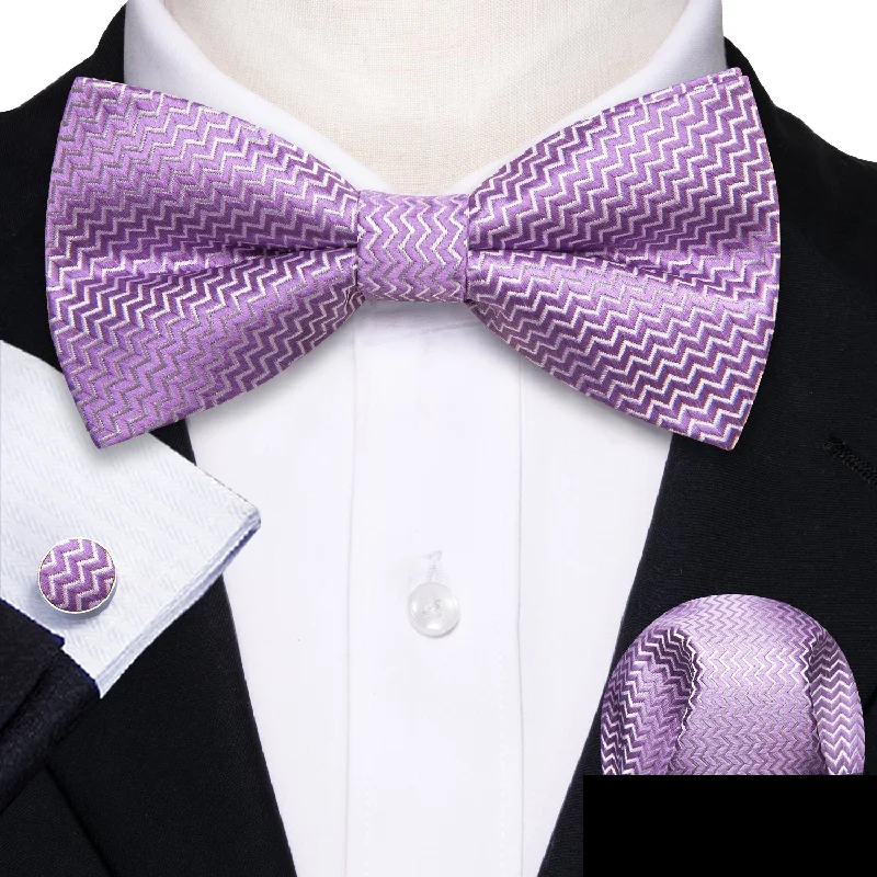 office style neckties-Purple Novelty Men's Pre-tied Bowtie Pocket Square Cufflinks Set