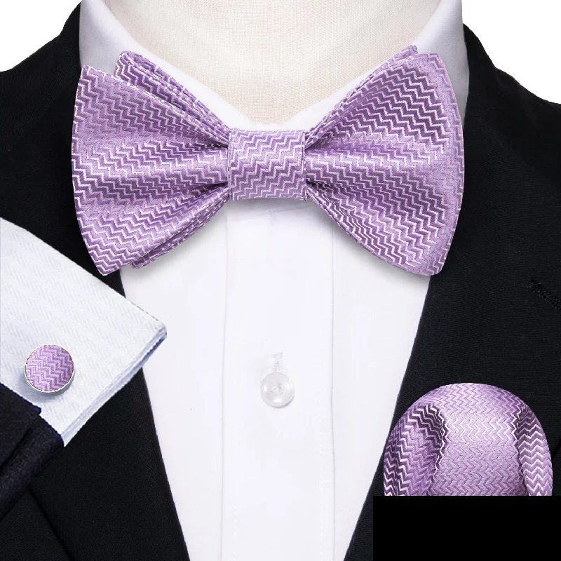 designer necktie brands-Purple Novelty Self-tied Bow Tie Pocket Square Cufflinks Set