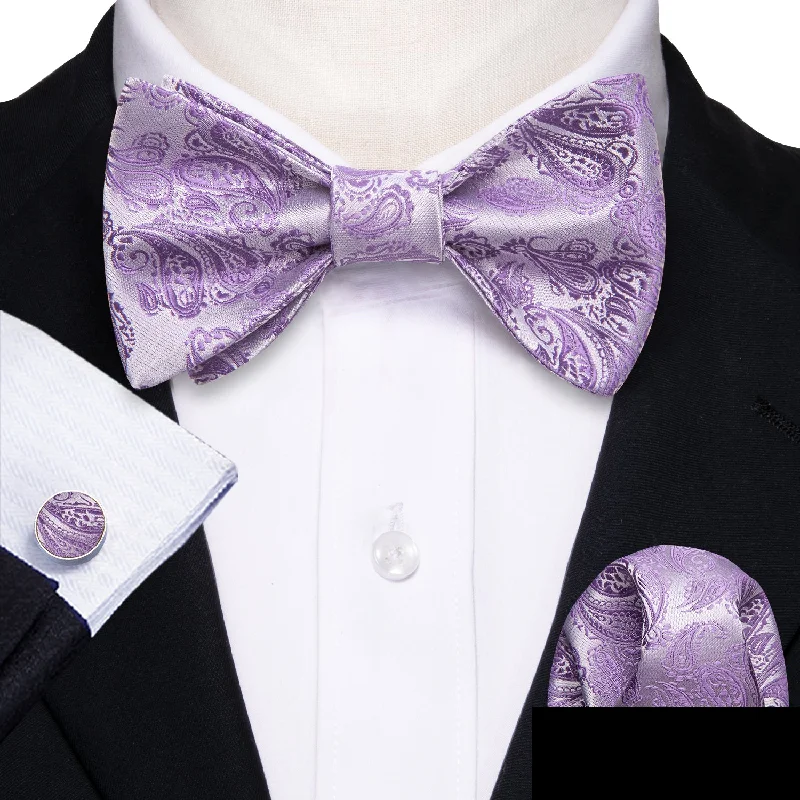 classic silk ties for interviews-Purple Paisley Self-tied Bow Tie Pocket Square Cufflinks Set