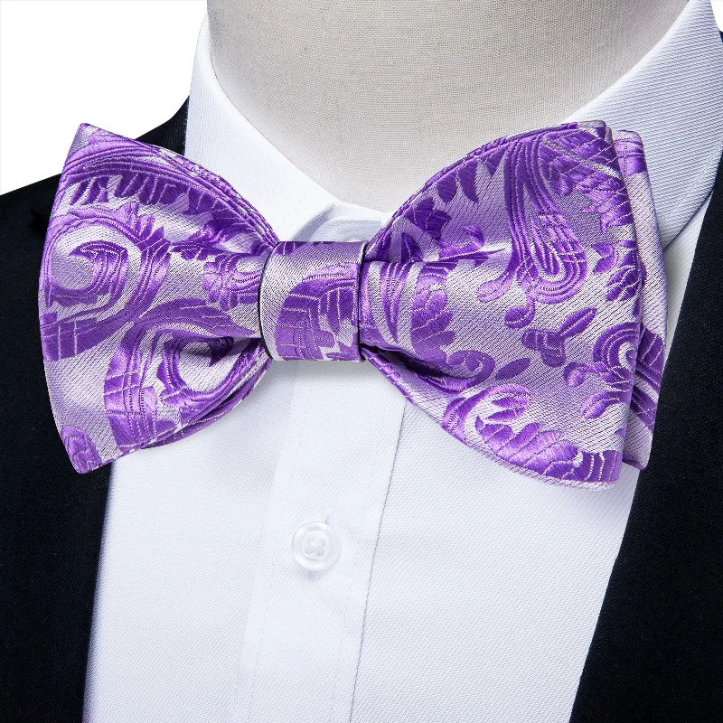 best quality office necktie designs-Purple Paisley Self-tied Bow Tie Pocket Square Cufflinks Set