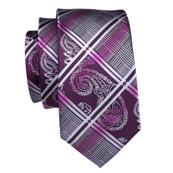 creative necktie patterns-Classy Men Purple Paisley Striped Tartan Silk Tie