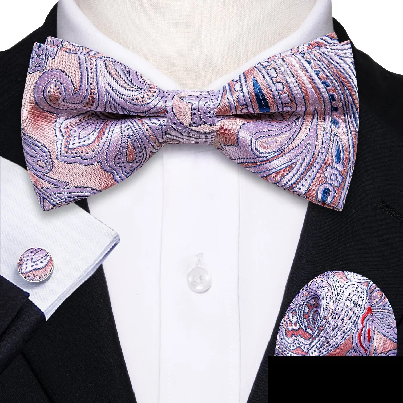 casual wedding neckties for men-Purple Pink Navy Paisley Men's Pre-tied Bowtie Pocket Square Cufflinks Set